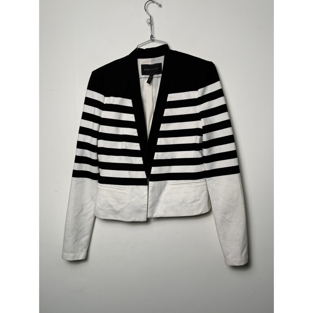 BCBGMAXAZRIA Black White Striped Cropped Blazer EFQ4G028 Small Womens